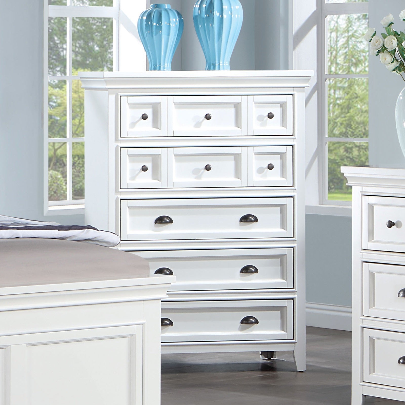 Transitional White 5-Drawer Chest Cup Handles Felt Glides