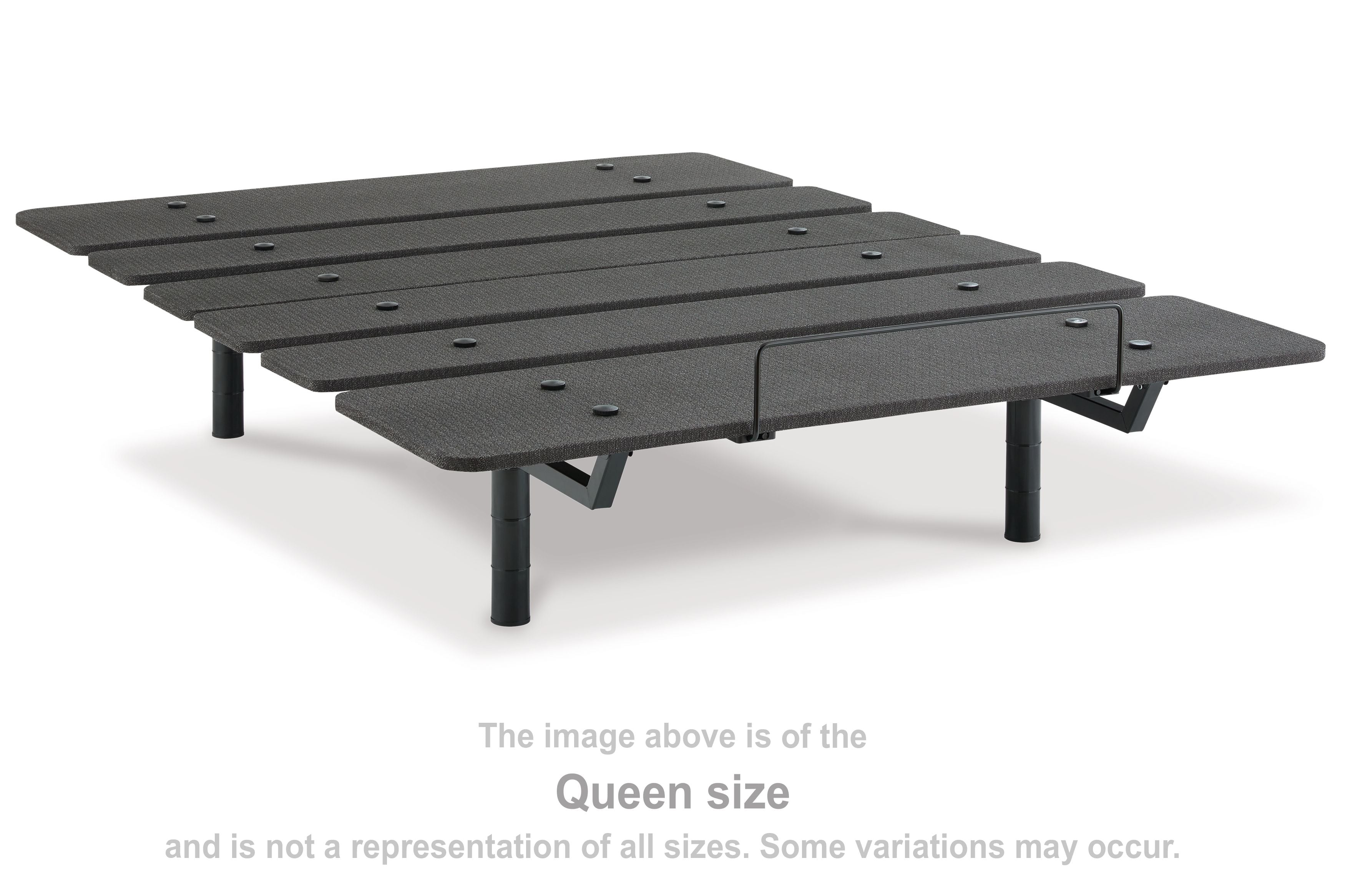 Adjustable bed base platform with black slats and legs, includes side lever