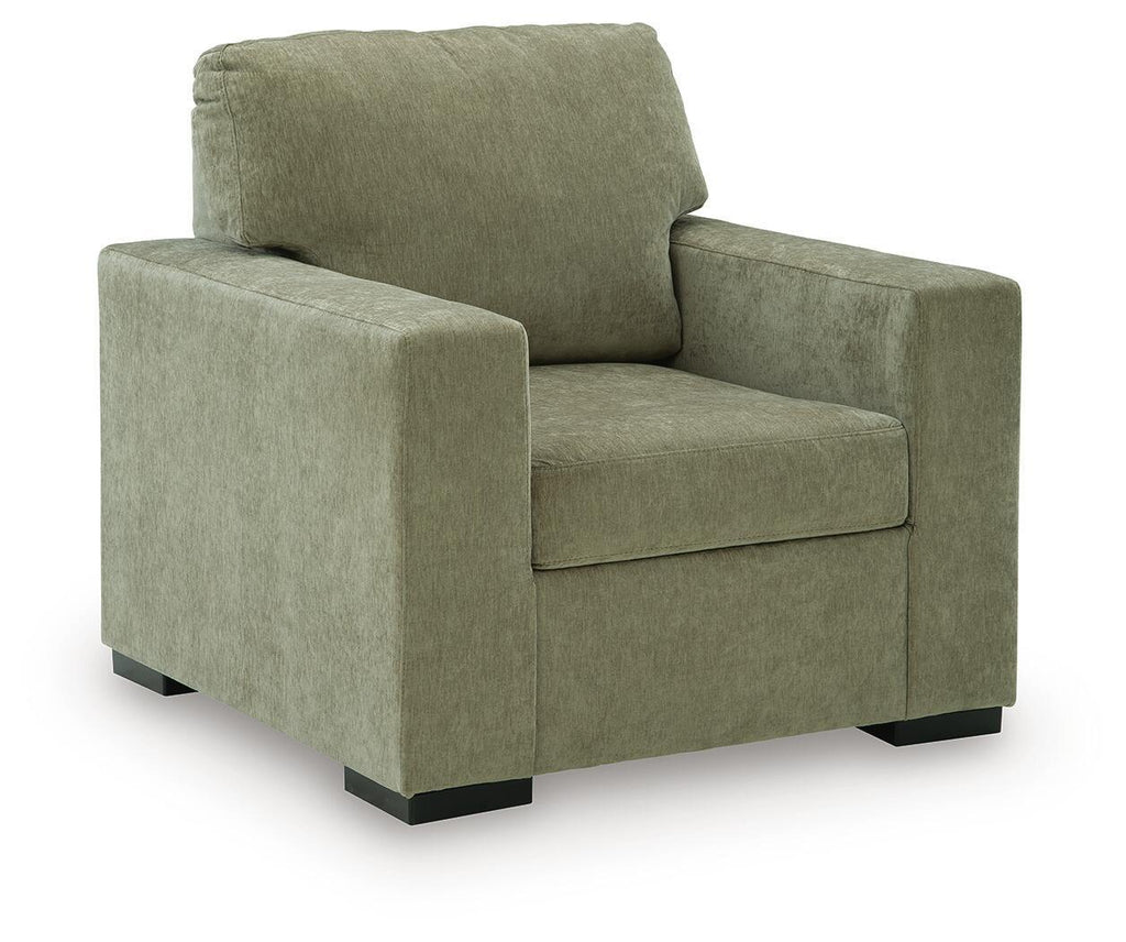 Moss green upholstered armchair with square arms and cushioned seat