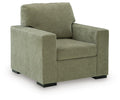 Moss green upholstered armchair with square arms and cushioned seat