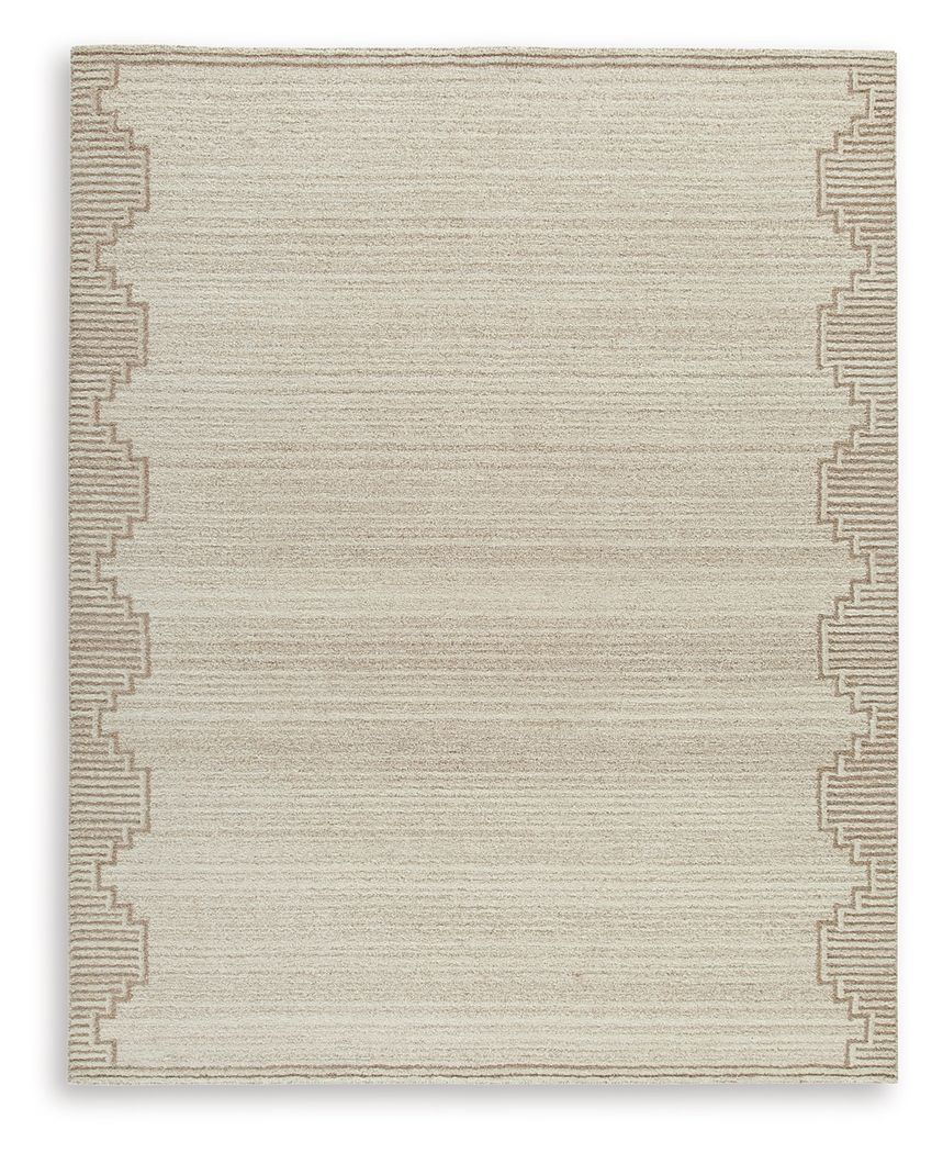 Beige rug with raised geometric edging around the perimeter