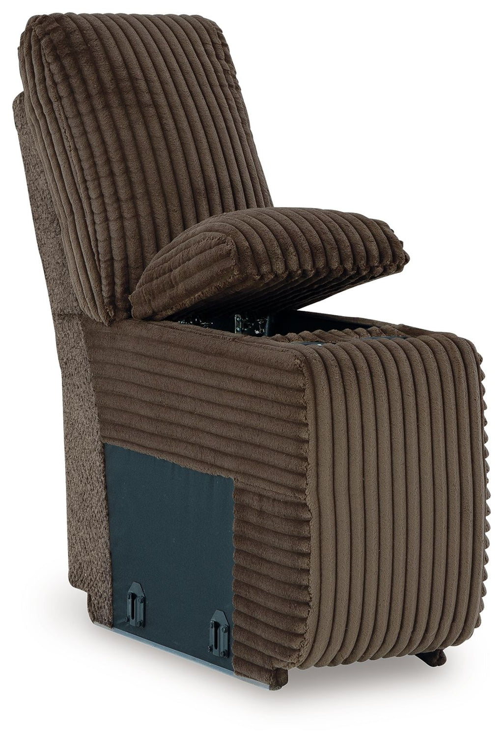 Chocolate-brown upholstered console with storage, thick ribbed cushions, side outlet panel