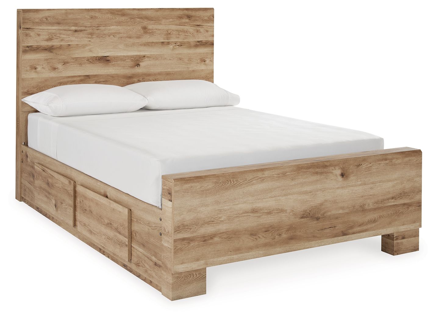 Storage bed with two drawers, light beige wood grain, stacked white pillows on mattress