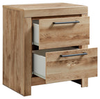 Tan brown two-drawer nightstand with black bar handles, drawers partly open.