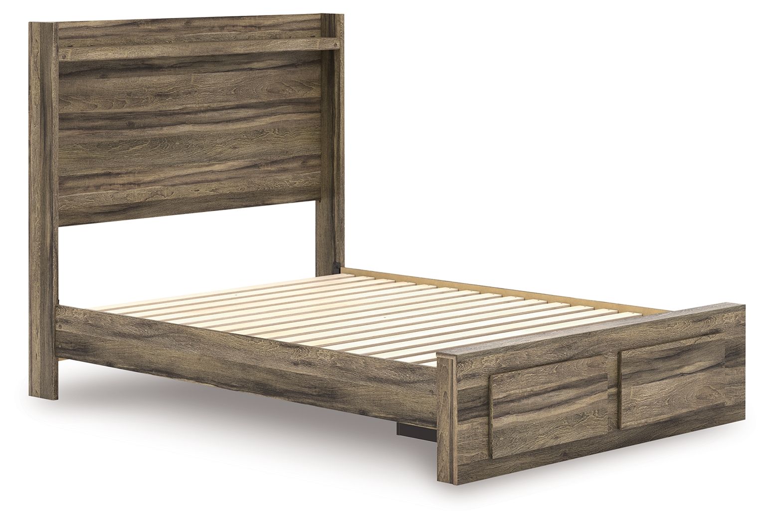 Dark brown panel storage bed frame with slatted base and drawer-style side panels
