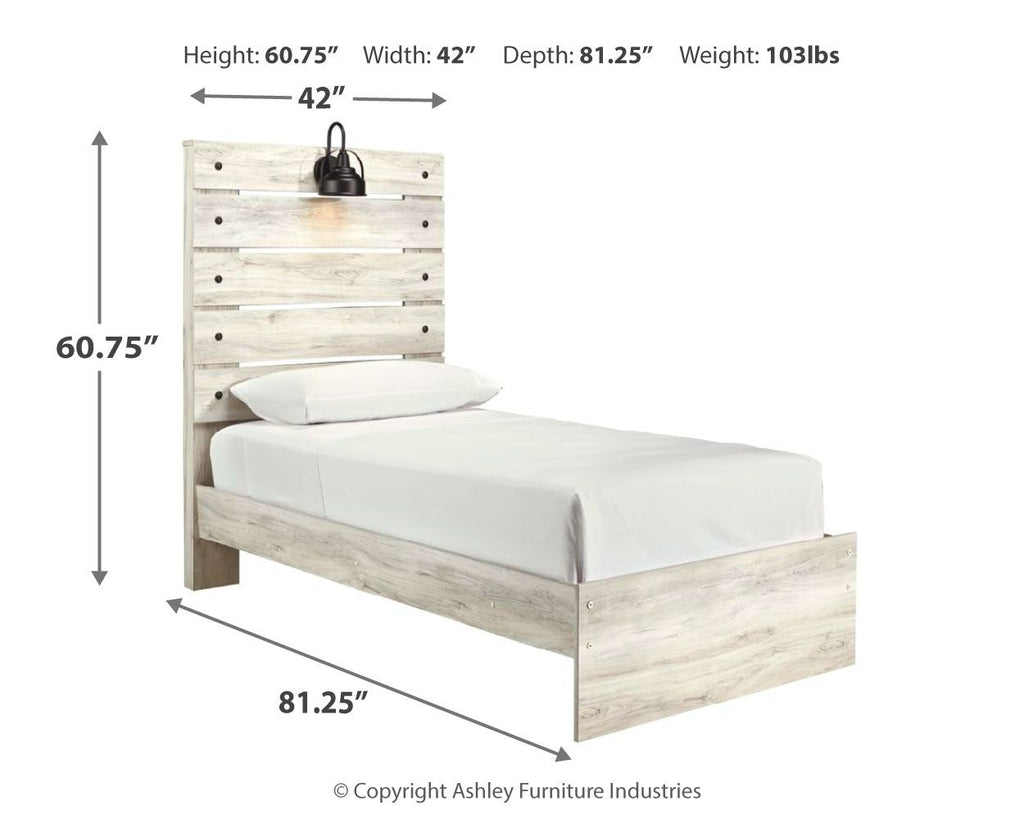Light wood panel bed with upholstered mattress, no visible storage drawers