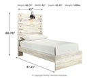 Light wood panel bed with upholstered mattress, no visible storage drawers