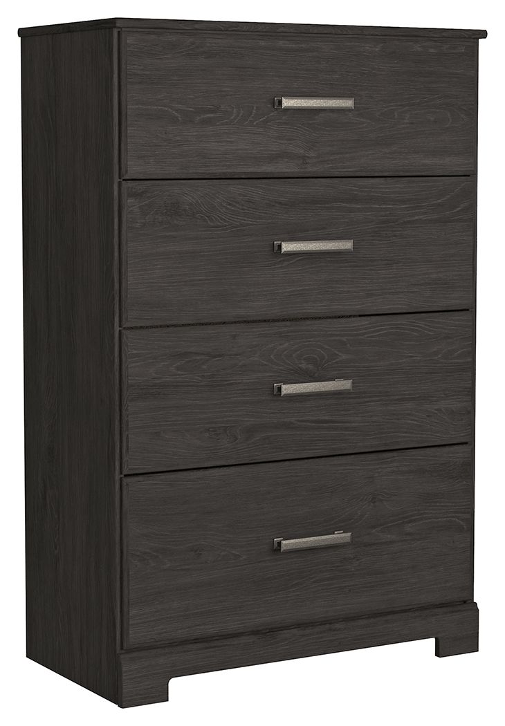 Charcoal four-drawer chest with woodgrain finish and silver bar drawer pulls