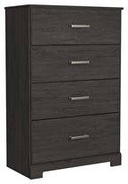 Charcoal four-drawer chest with woodgrain finish and silver bar drawer pulls