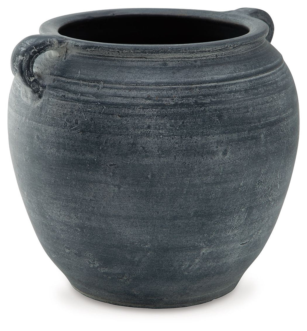 Meadie 9-inch vase, dark blue ceramic with side handles and ribbed band detail