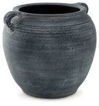 Meadie 9-inch vase, dark blue ceramic with side handles and ribbed band detail