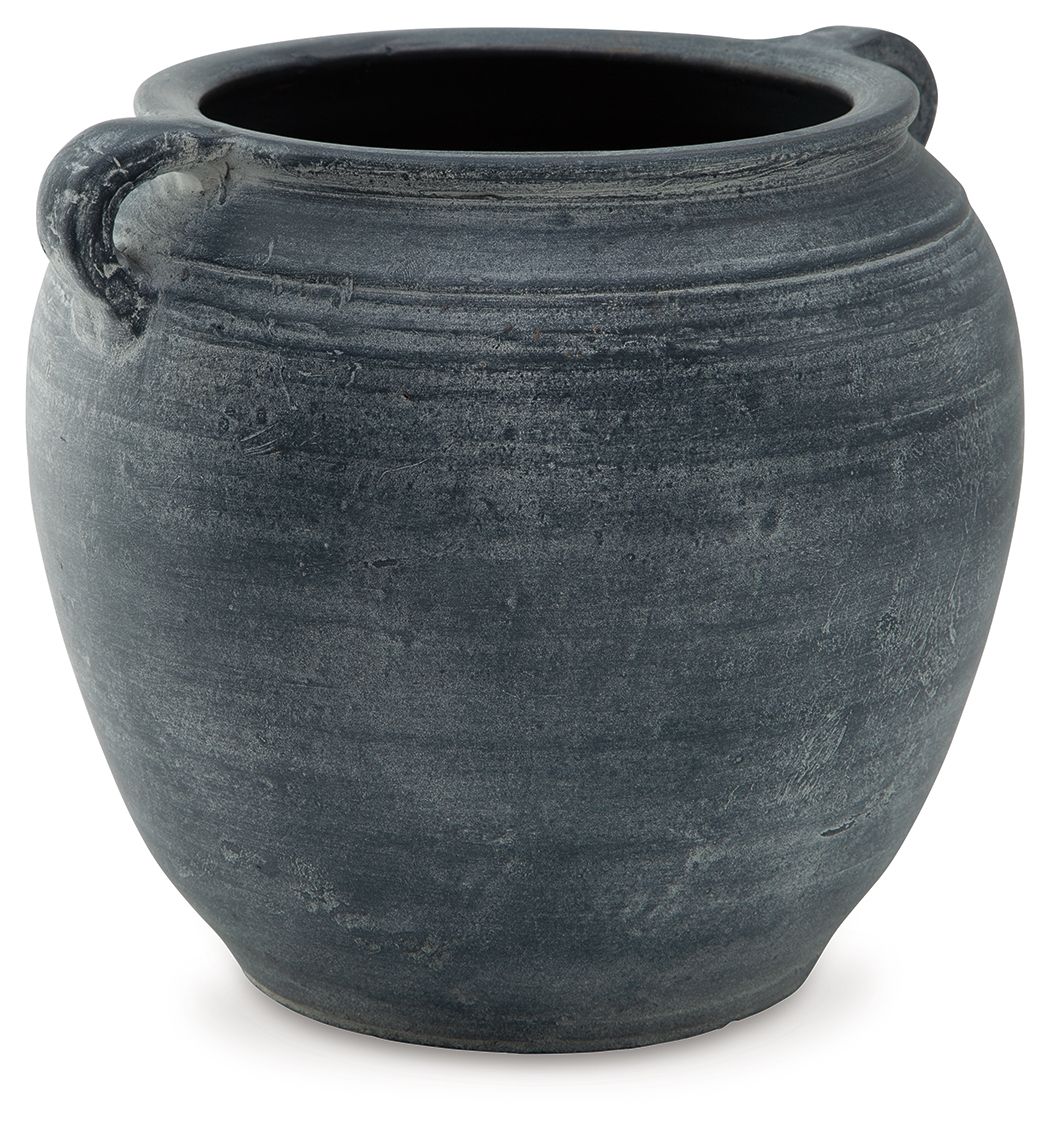 Meadie 9-inch vase, dark blue ceramic with side handles and ribbed band detail