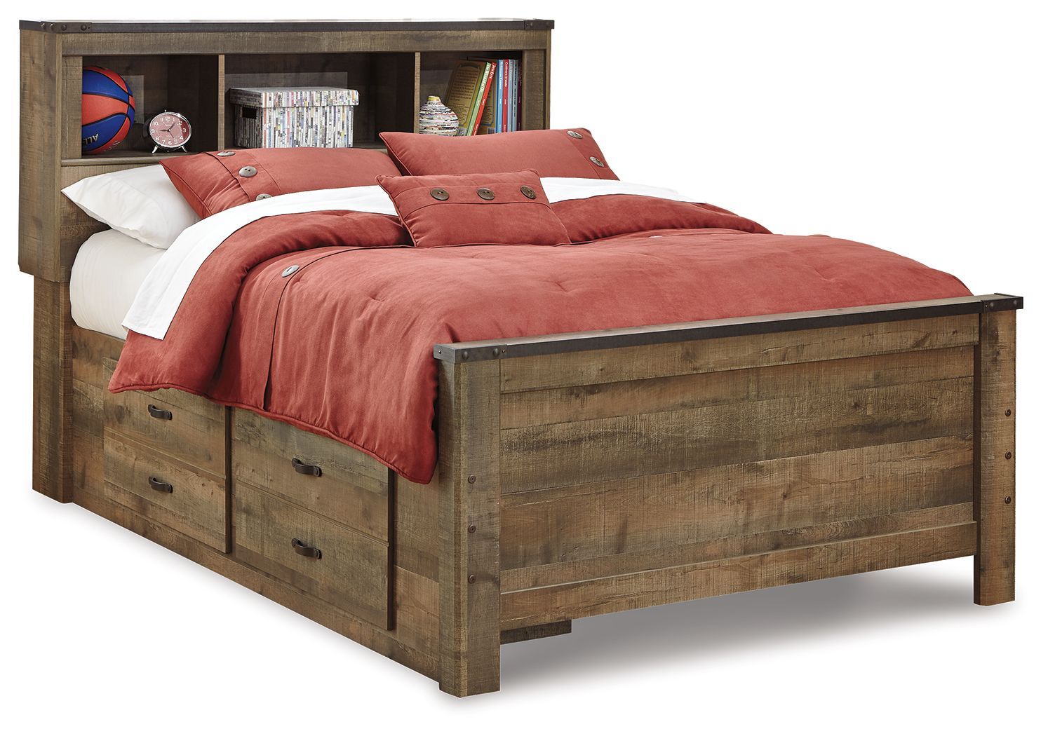 Dark brown bookcase bed with storage drawers and open shelves behind the headboard