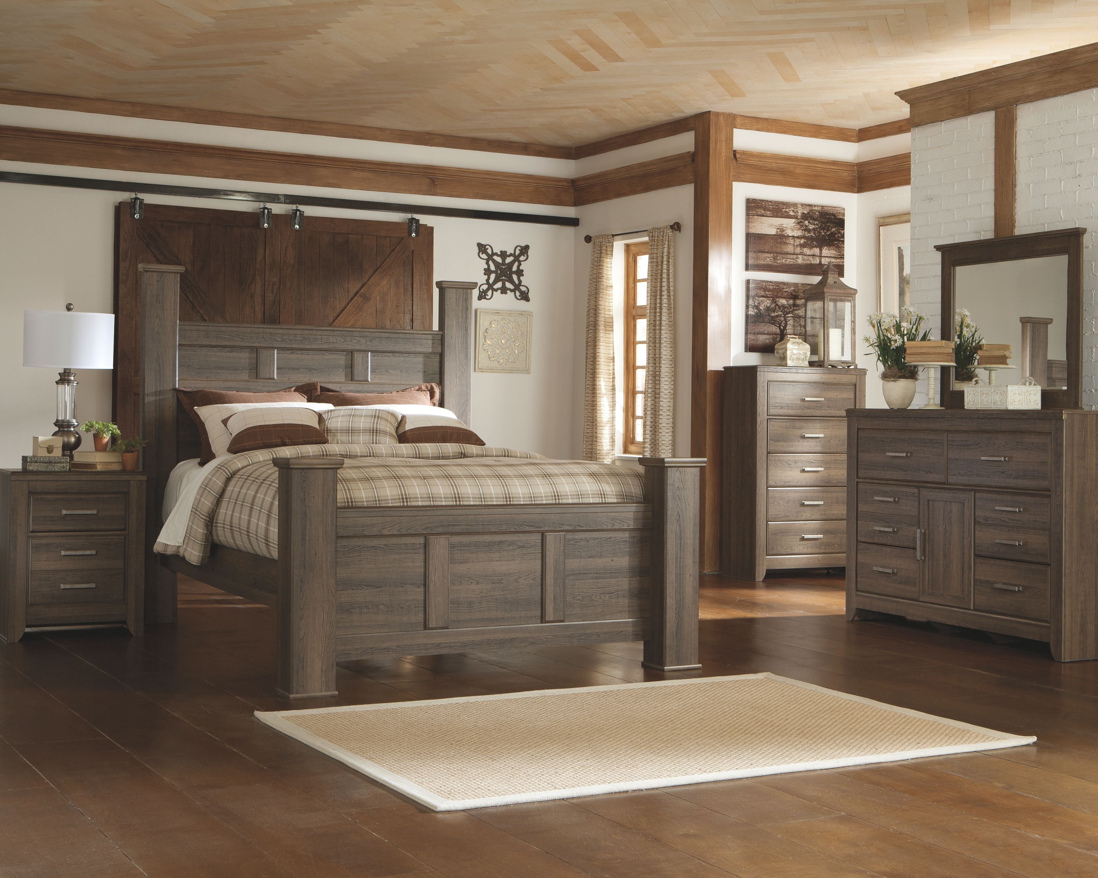 Dark brown wood dresser with drawers and cabinet doors, metal bar pulls