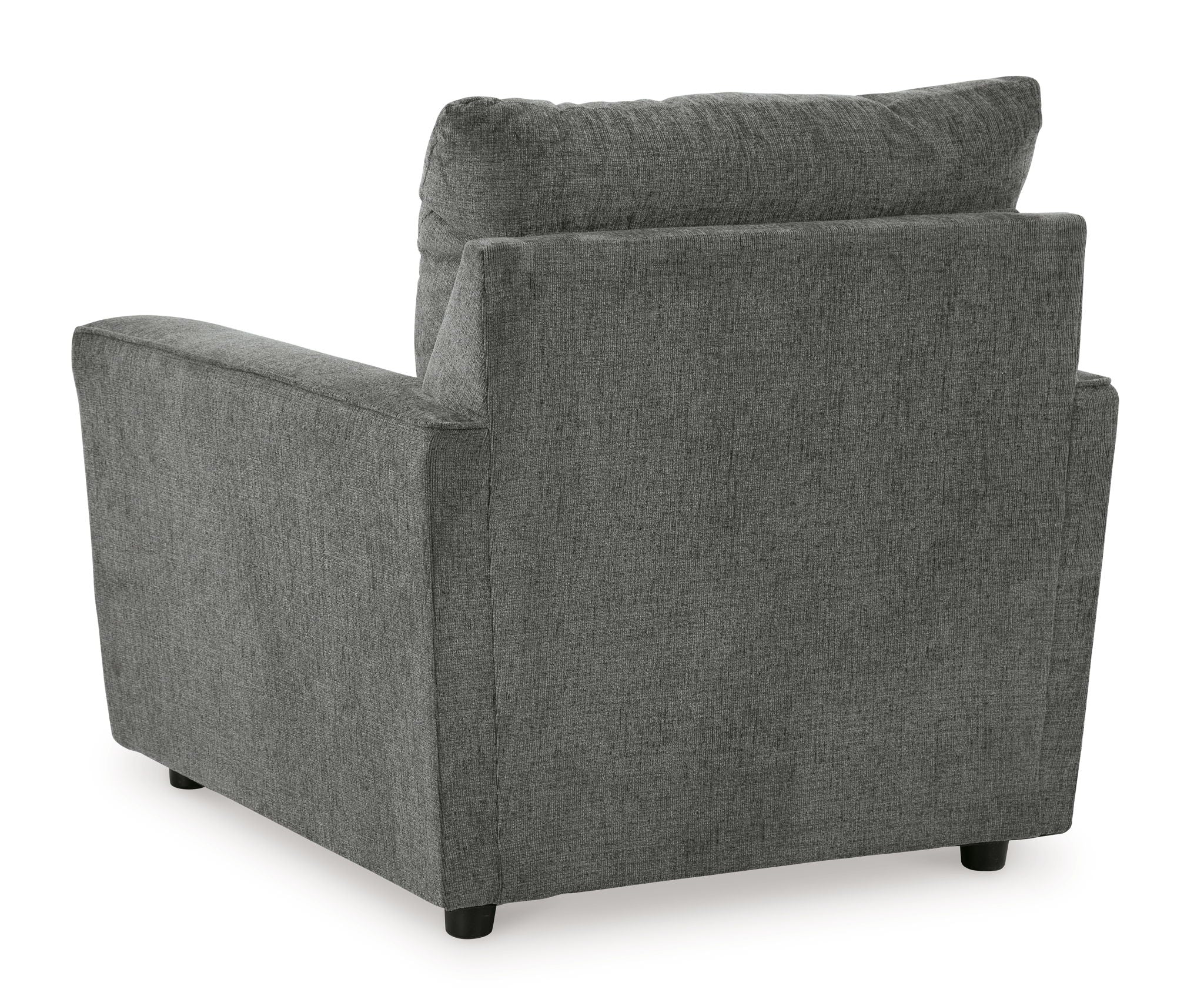 Dark gray upholstered armchair with thick backrest and block arms.