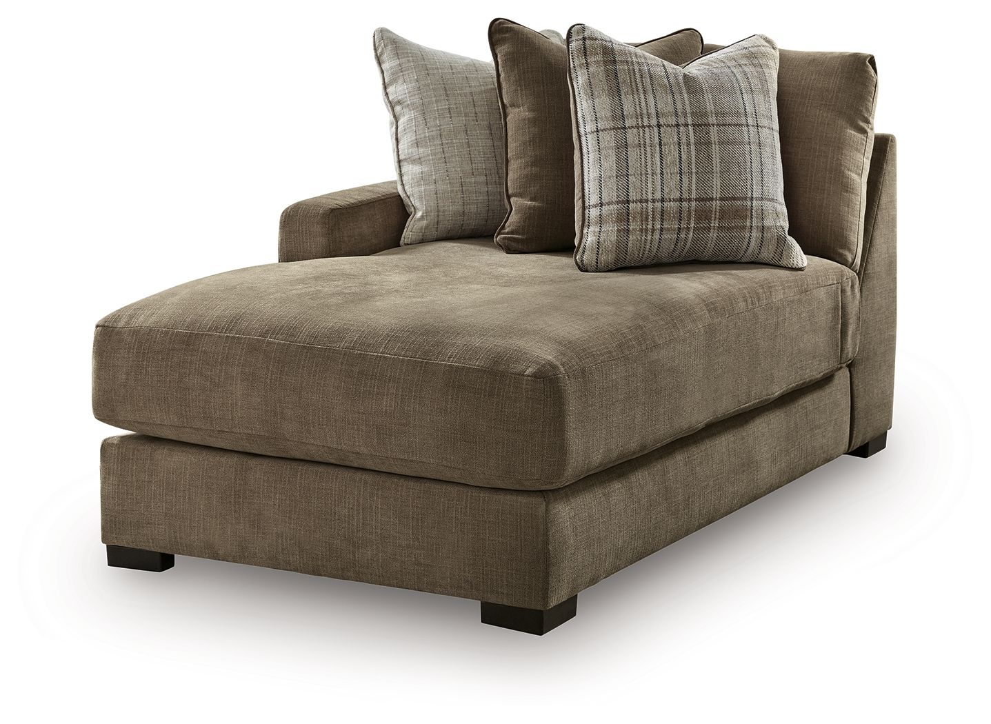 Corner chaise with square arms, medium-brown upholstered seat, and four decorative pillows