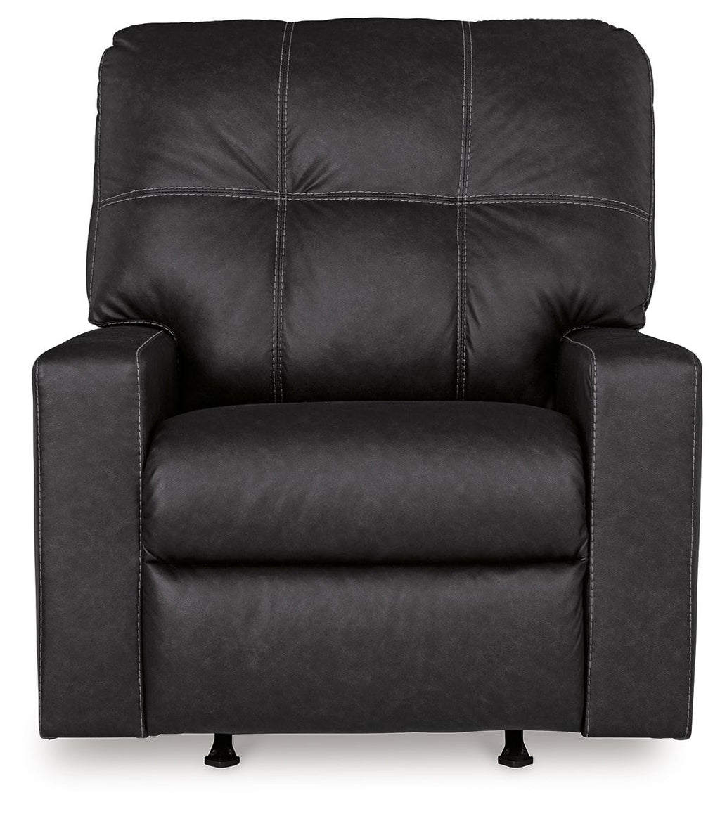 Black rocker recliner with tufted back, padded arms, and cushioned seat