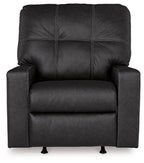 Black rocker recliner with tufted back, padded arms, and cushioned seat
