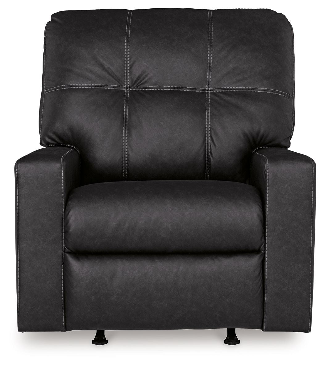 Black rocker recliner with tufted back, padded arms, and cushioned seat