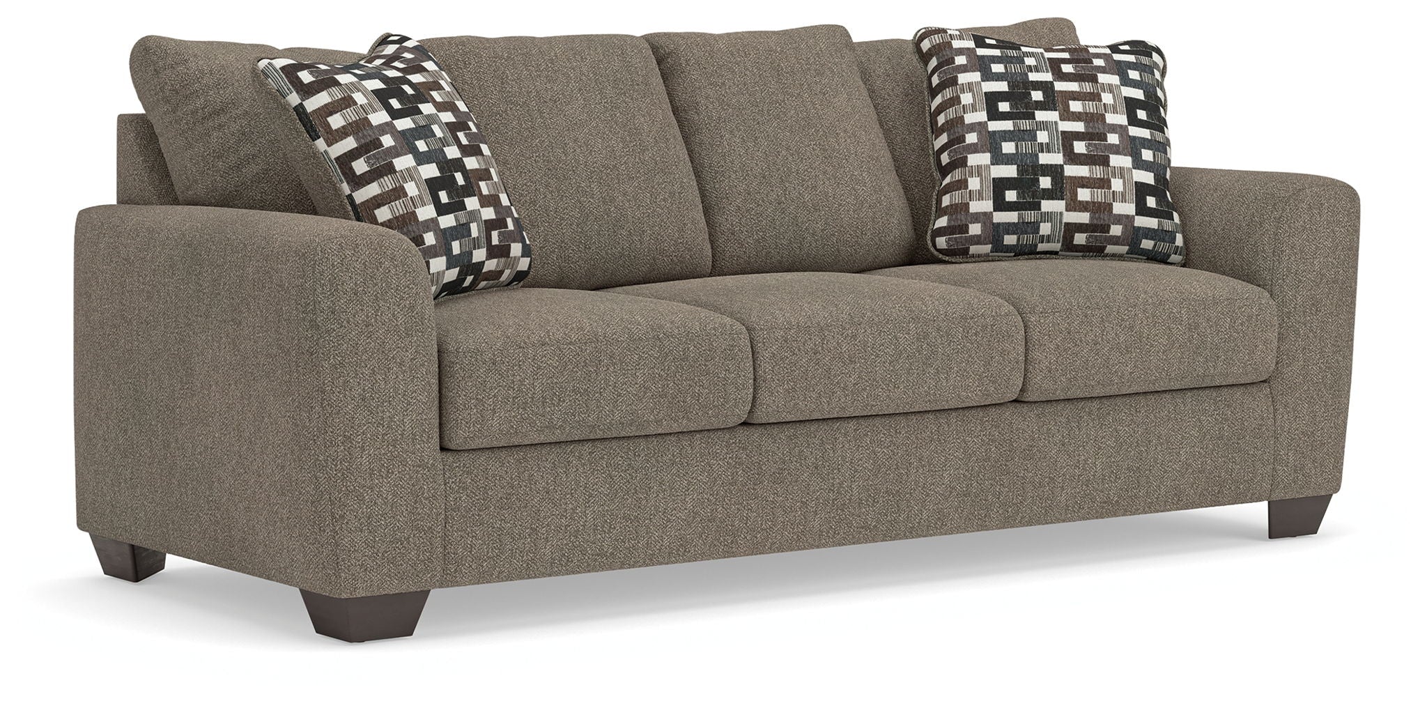 Queen sofa sleeper in gray suede with two patterned accent pillows