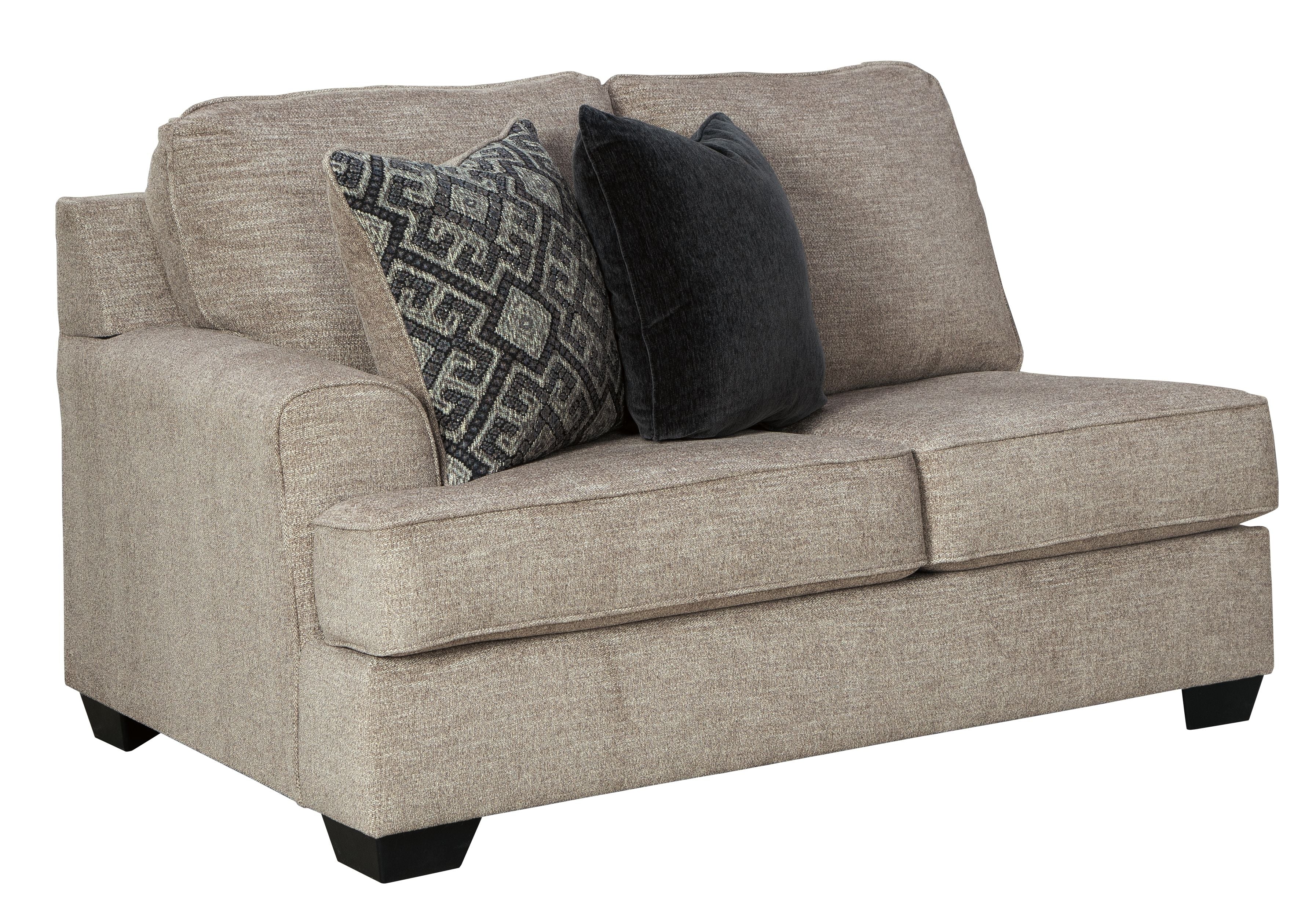 Stone gray loveseat with square arms and accent pillows on the seat