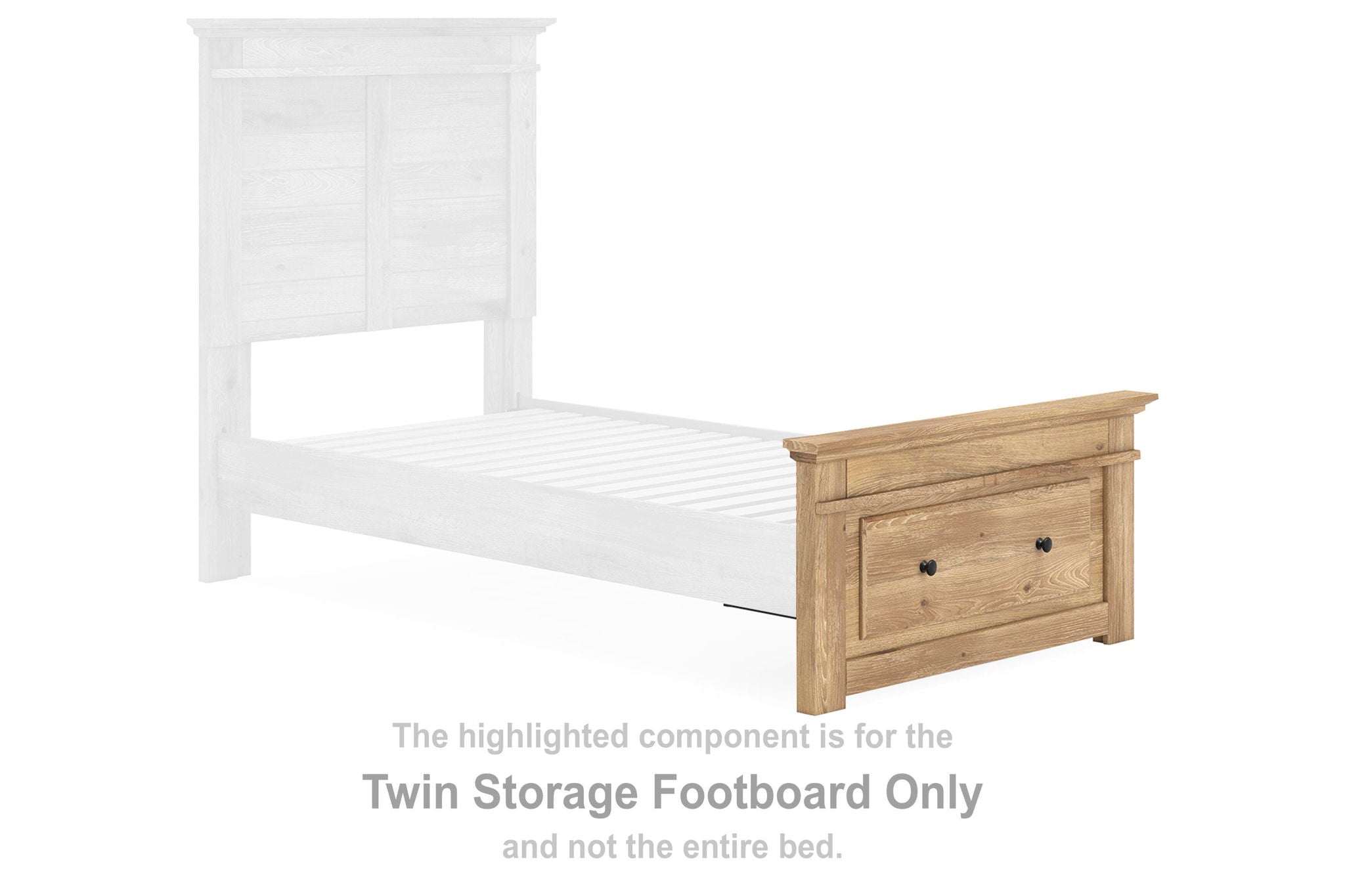 Twin storage footboard with tan wood drawer, two knobs, for bed frame