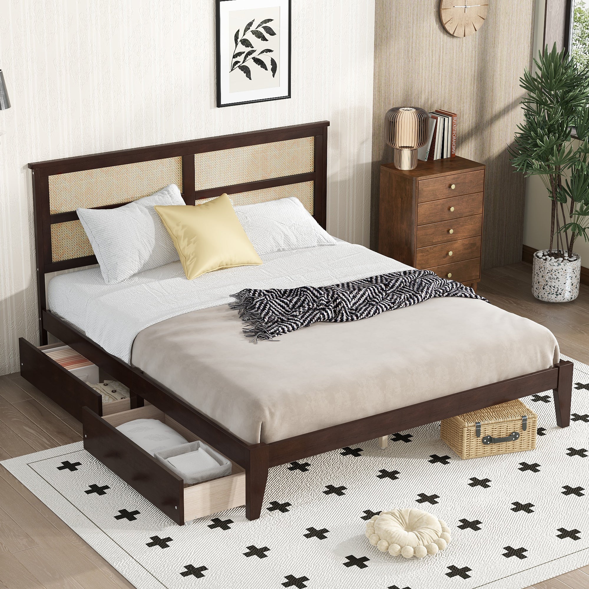 King Size Rattan Bed w/Storage & Enhanced Support