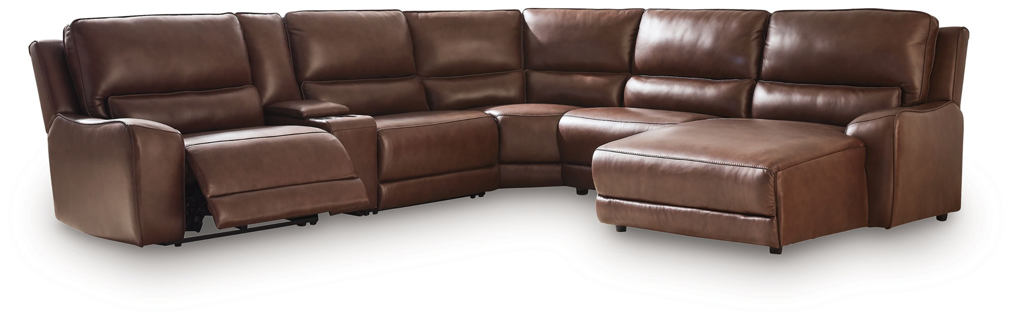 Dark brown power reclining sectional sofa with chaise and separate recline headrests