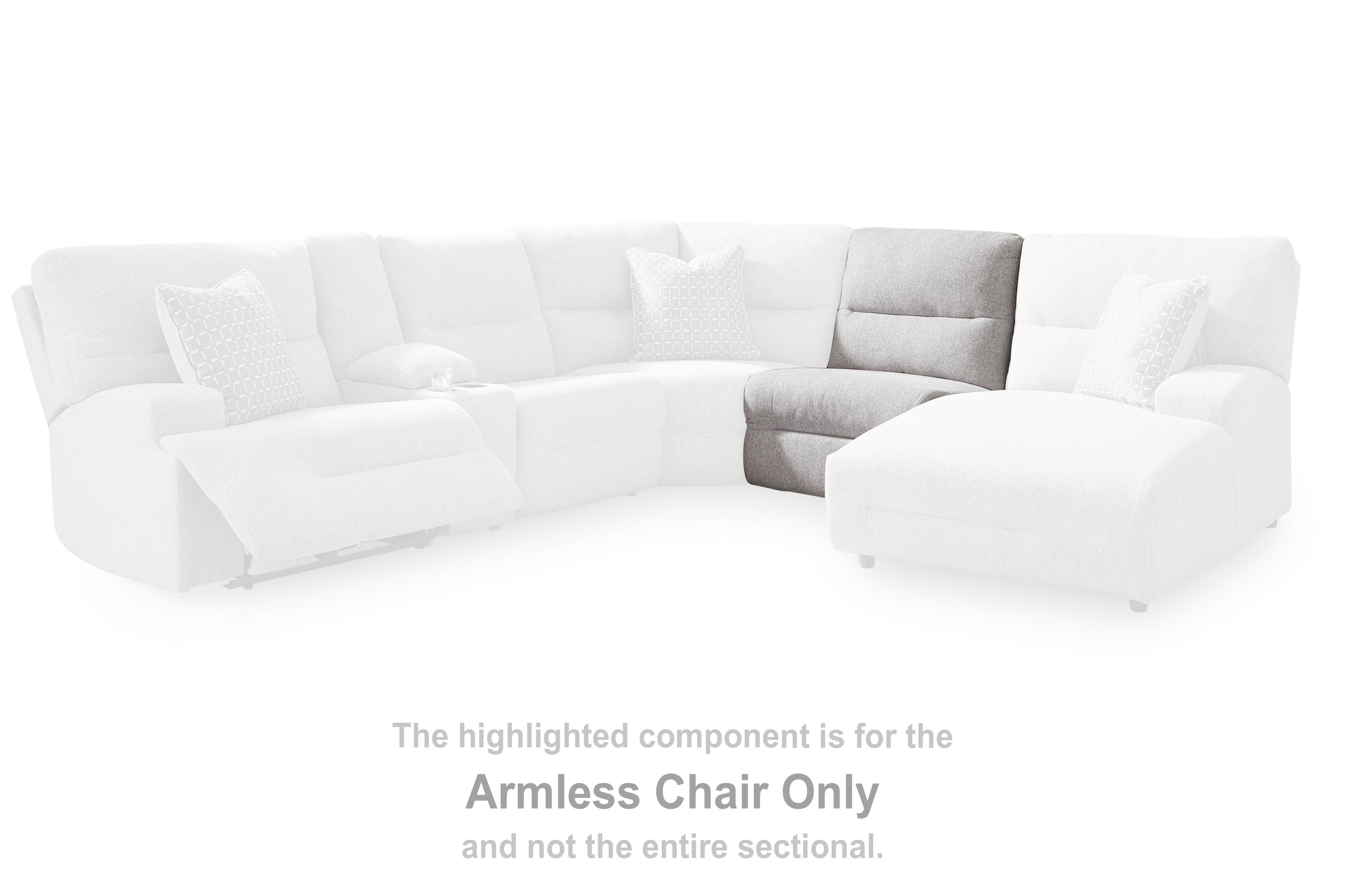 White sectional corner with highlighted armless chair component upholstery