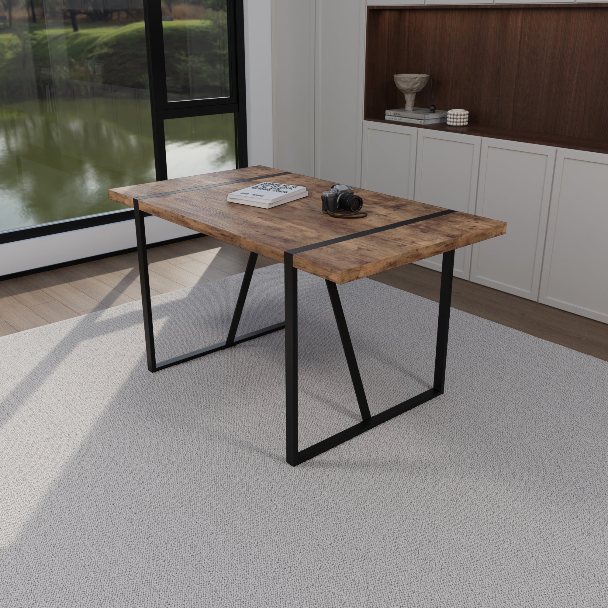 55" Dark Wood Dining Table & Chairs Set - 4 Pcs