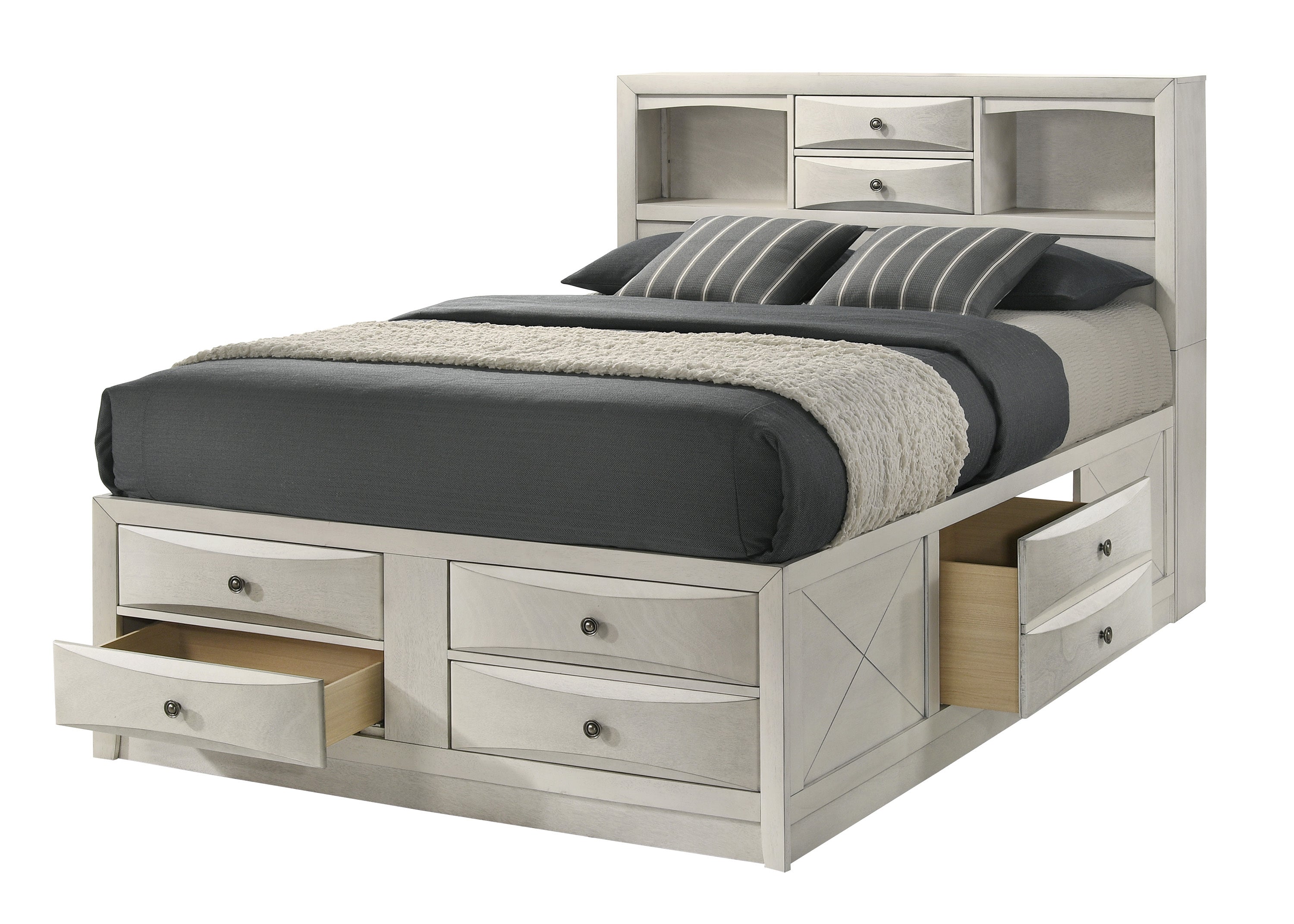 Queen Bed Frame with Built-in Shelving & Storage Drawers - White Finish