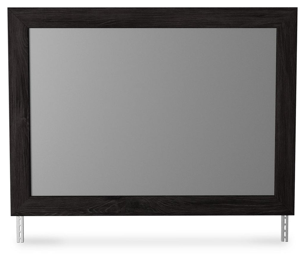 Bedroom mirror with charcoal rectangular frame and corner stand legs