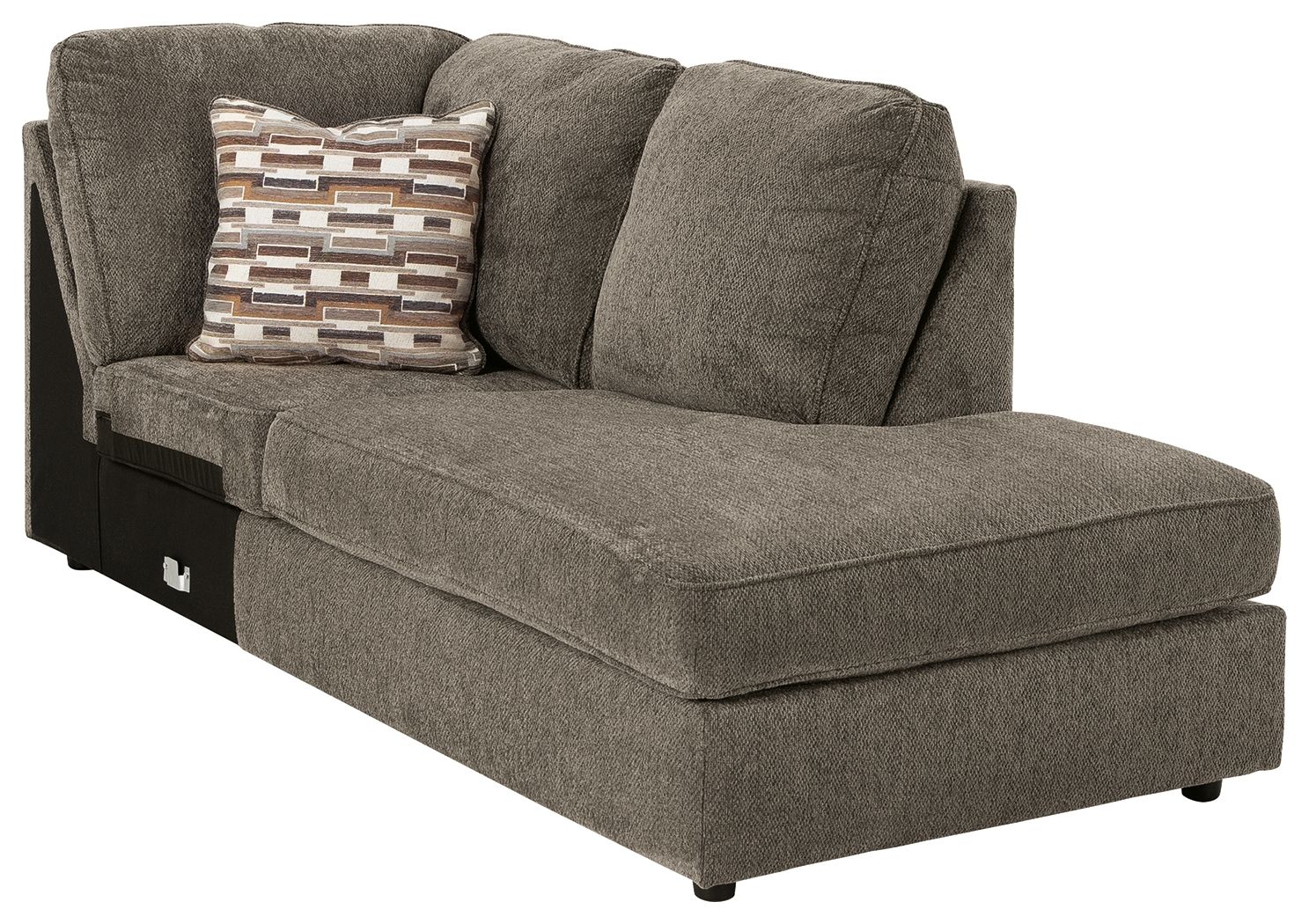 Gray textured corner chaise with two back cushions and patterned throw pillow