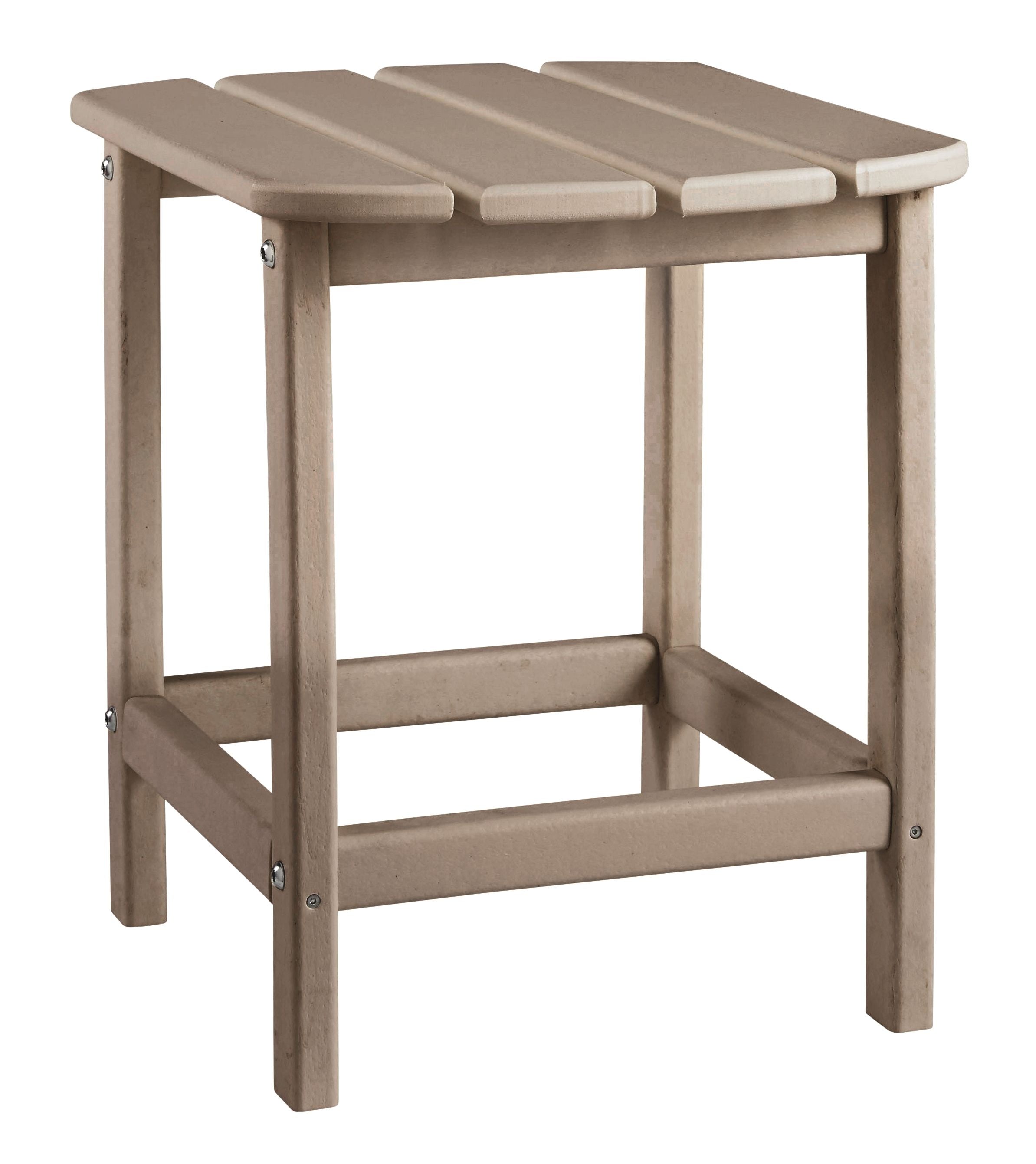 Tan outdoor end table with slatted top and open lower shelf, square frame