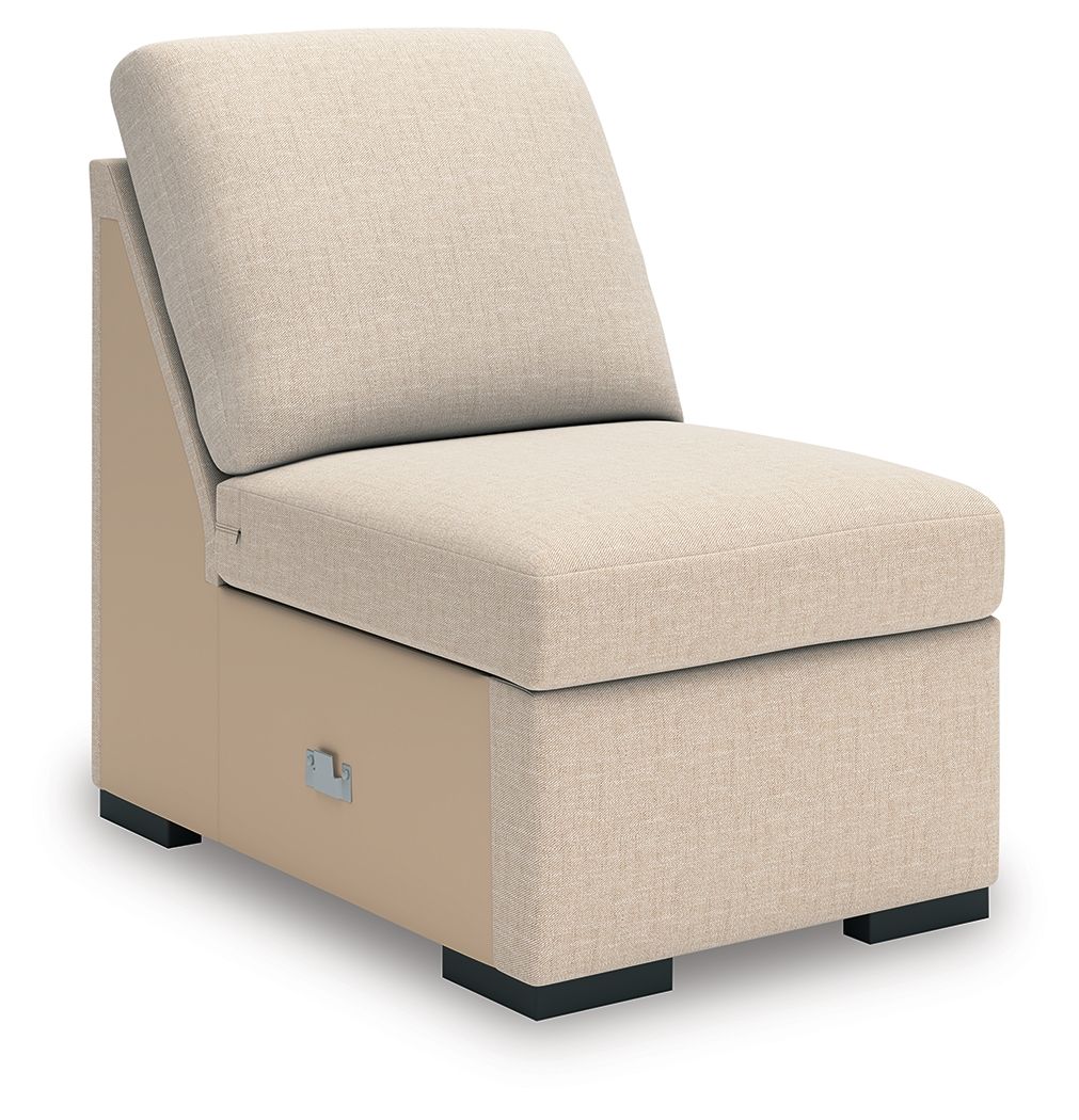 Cream upholstered single chaise section with tall back cushion and dark legs