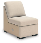 Cream upholstered single chaise section with tall back cushion and dark legs