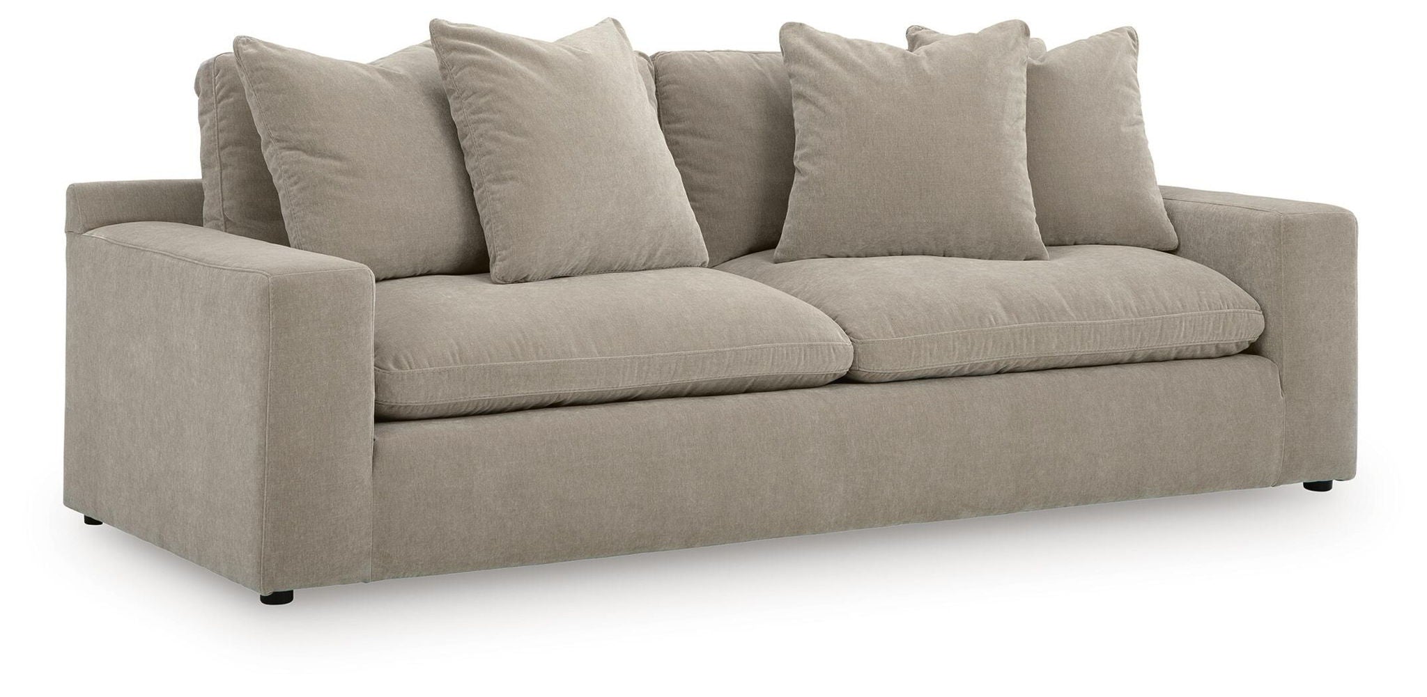 Light gray fabric sofa with three seat cushions and five back pillows, square arms