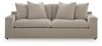 Light gray fabric sofa with three seat cushions and five back pillows, square arms