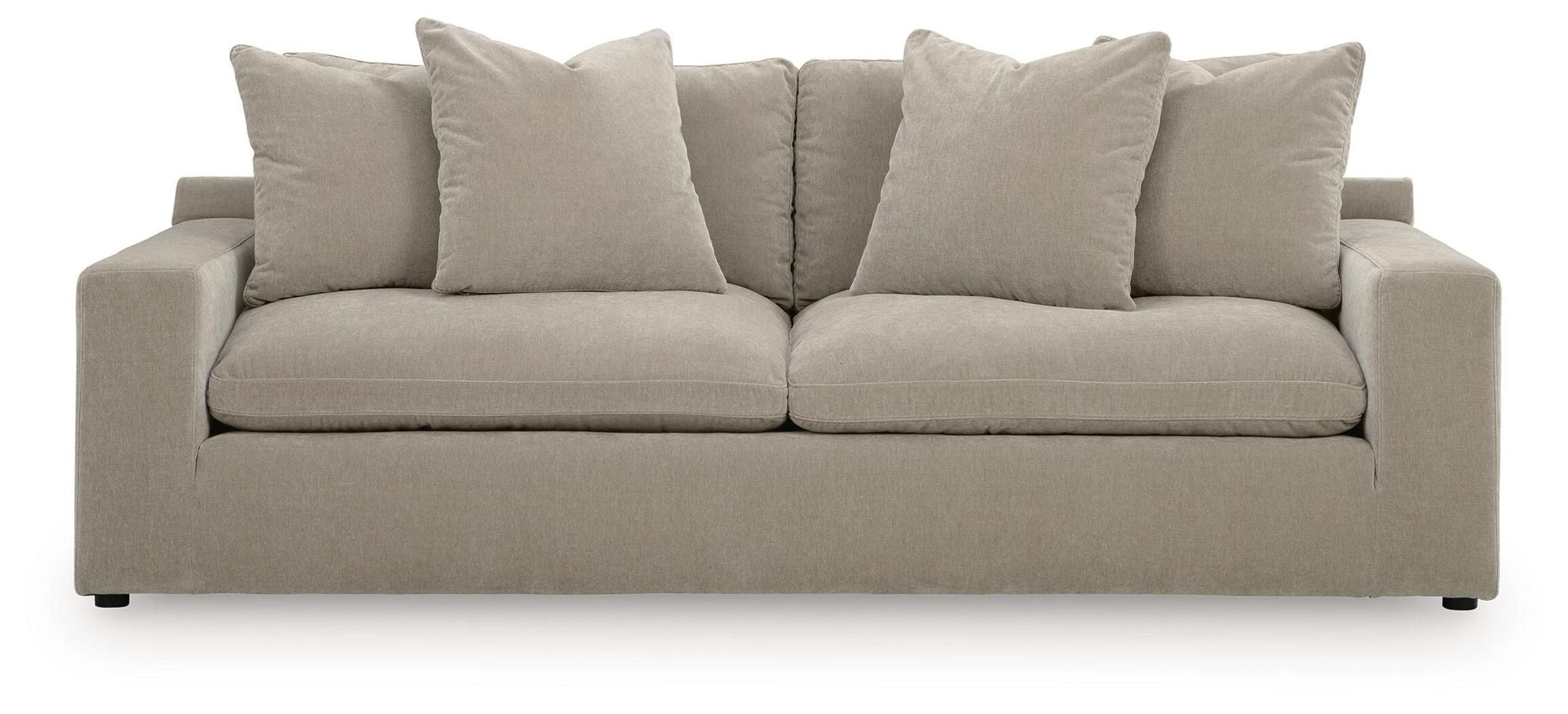 Light gray fabric sofa with three seat cushions and five back pillows, square arms