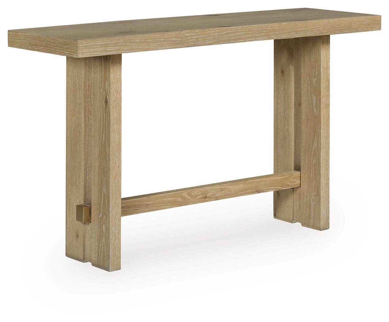 Light brown wood table with open lower shelf and blocky legs