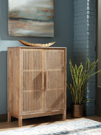 Natural wood bar cabinet with louvered doors and openwork design, standing on legs