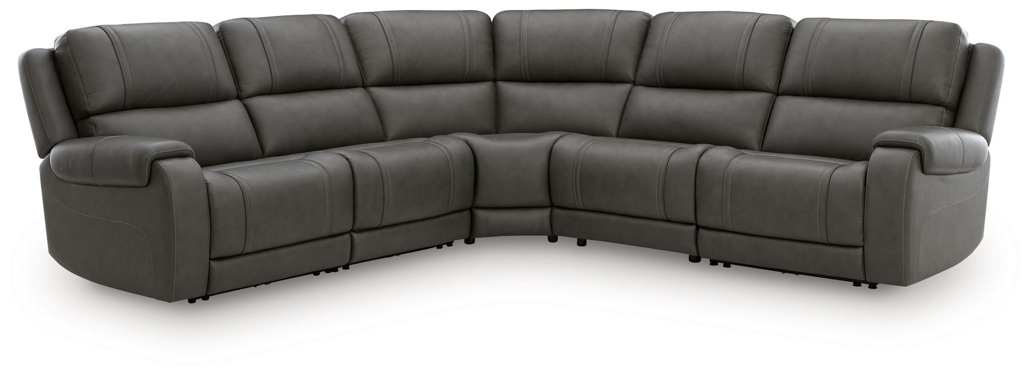 Dark gray power reclining corner sectional with curved chaise end and multiple seat cushions