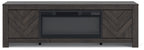 Dark TV stand with chevron cabinet doors and central TV opening, unlit fireplace