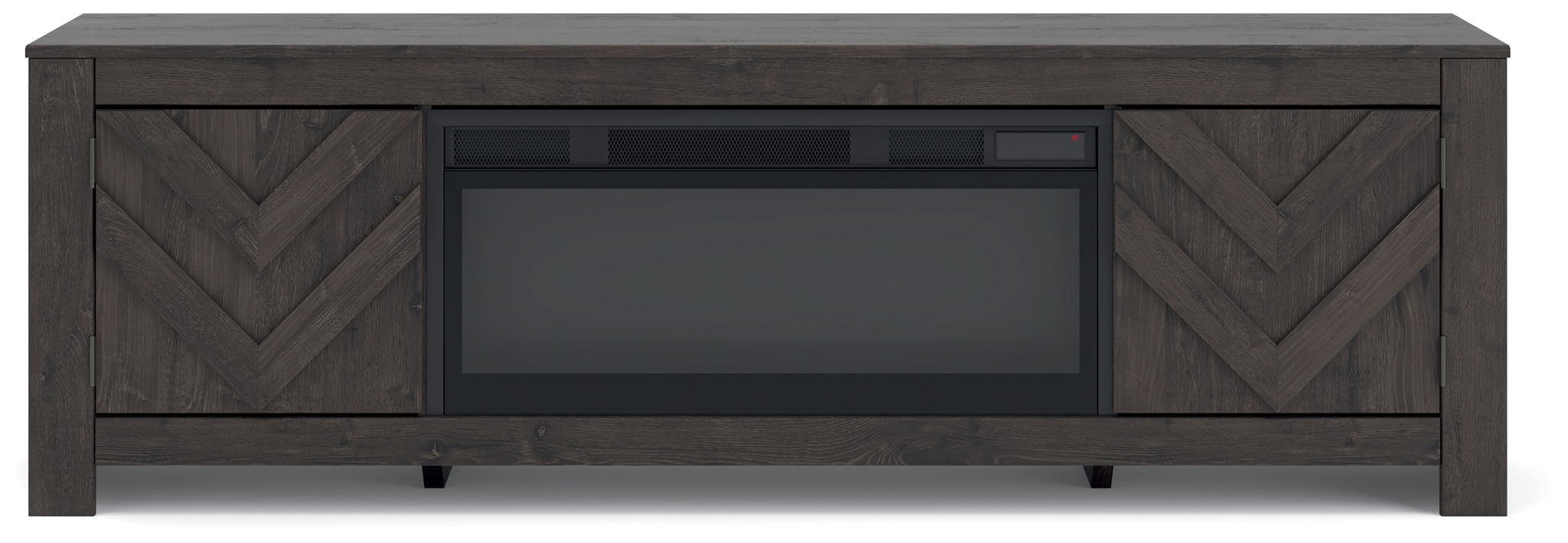 Dark TV stand with chevron cabinet doors and central TV opening, unlit fireplace