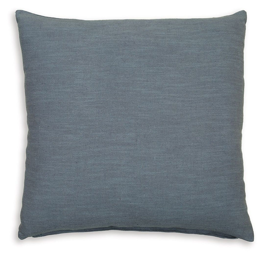 Square throw pillow, blue textured fabric with stitched edges