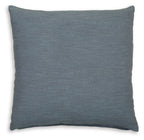 Square throw pillow, blue textured fabric with stitched edges