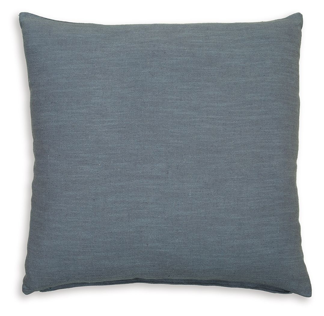 Square throw pillow, blue textured fabric with stitched edges