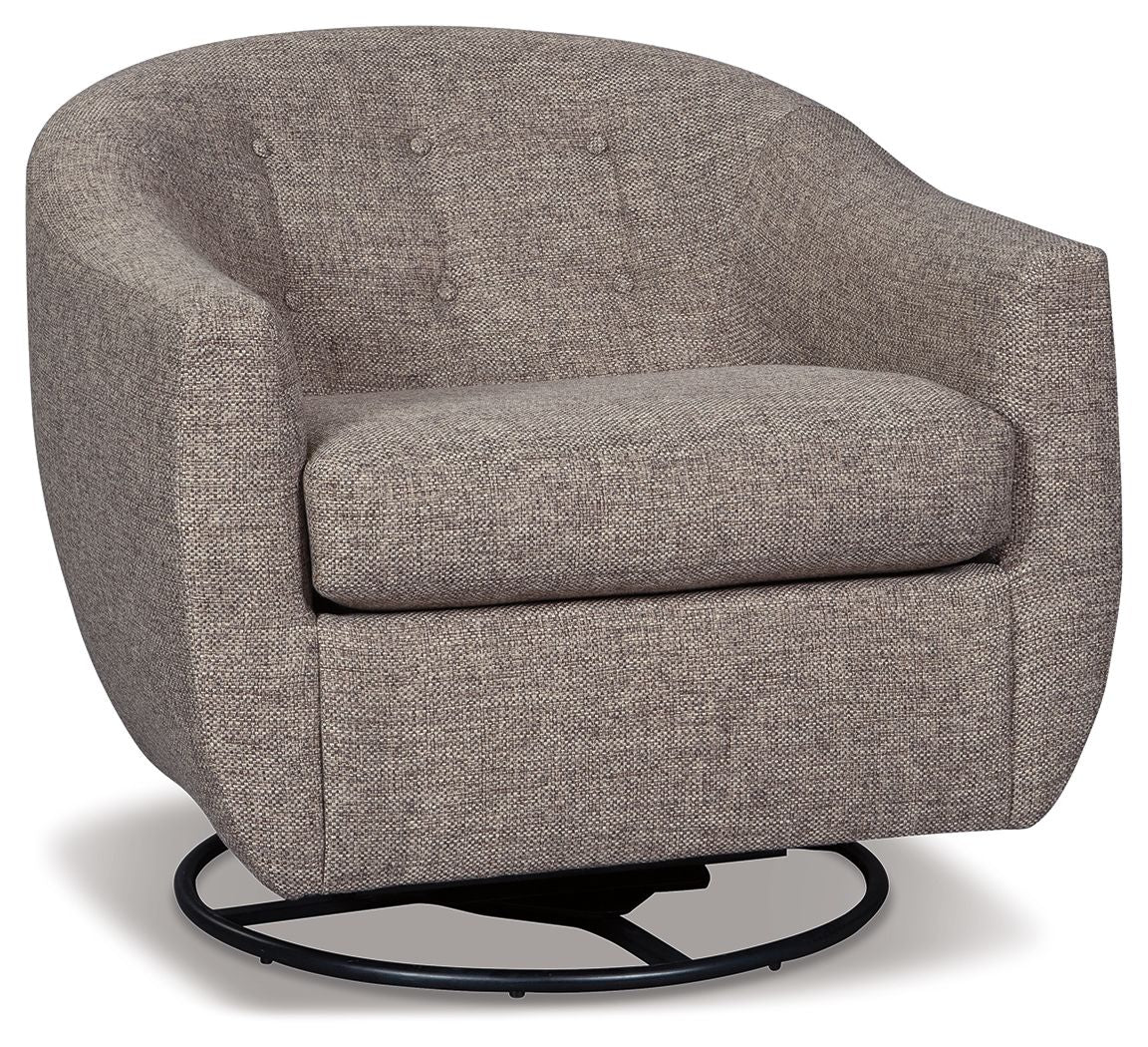 Taupe swivel accent chair with thick seat cushion, rounded back, and black rotating base.