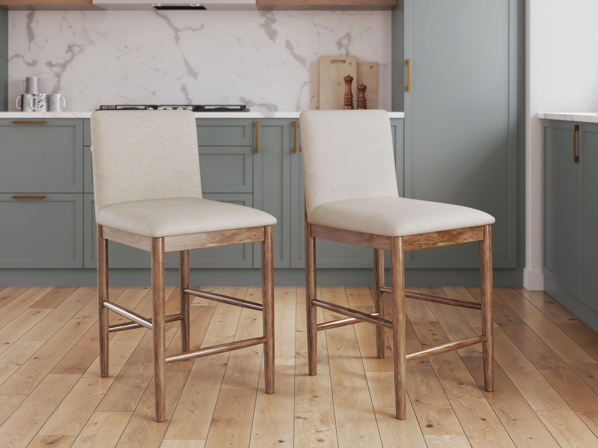Pair of upholstered barstools with light beige seats, wood frames, metal footrest
