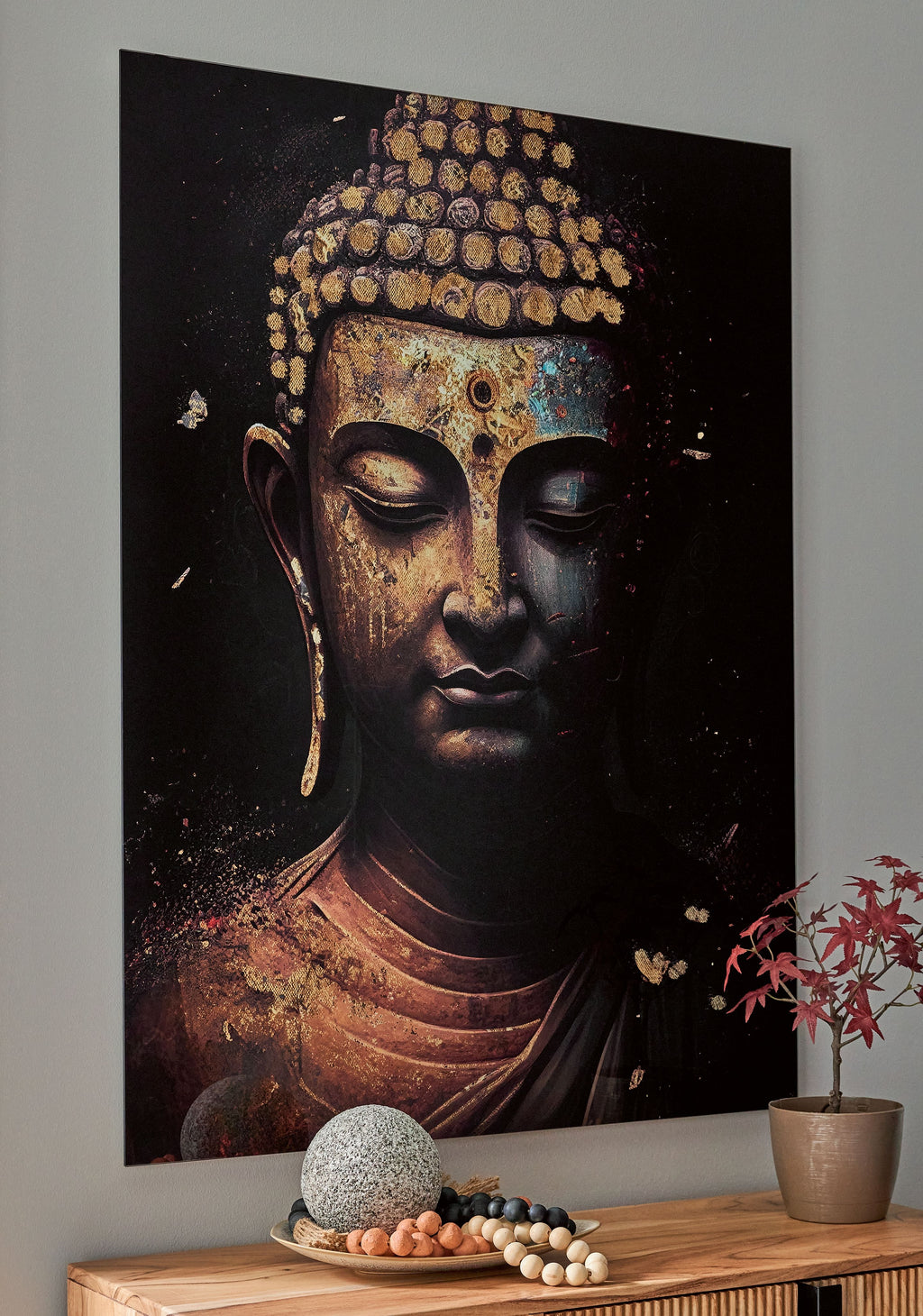 Black and gold Buddha face wall art print with ornate jeweled crown